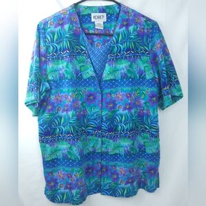 Koret 80s Hawaiian 2 in 1 Look Blue Green Purple Floral Beach Shirt Blouse Aqua